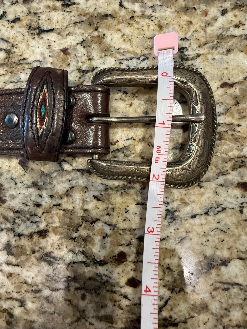 Western embroidered brown leather belt embossed silver decor 47”